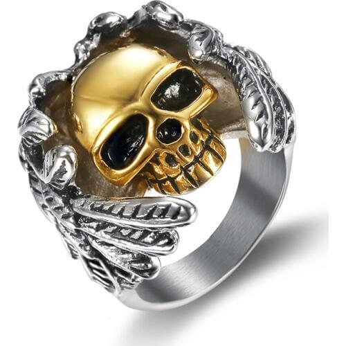 Shengmei Men Ring Wild Unique Mens Jewelry 316L Stainless Steel Angel Wings Gold Skull Mens Ring For Halloween Birthday Gift