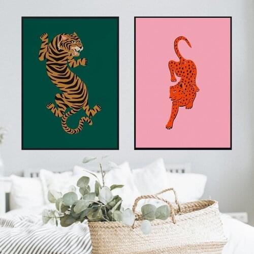Nordic Feline Posters and Prints Funny Tiger Cheetah Canvas Painting Modern Green Pink Wall Pictures for Living Room Home Decor