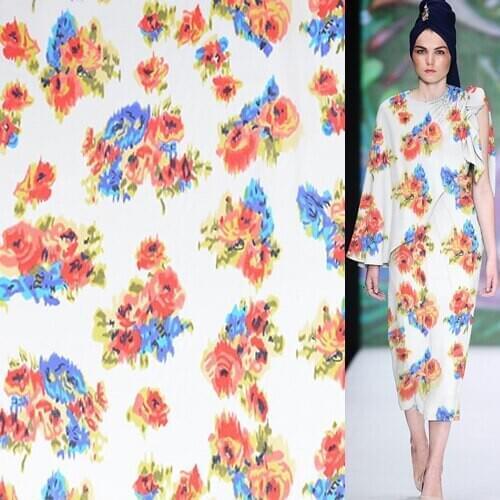 Fuzzy floral print flower design silk cotton blended fabric white bottom,SCT501
