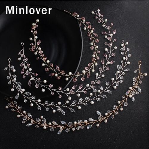 Minlover Crystal Bride Handmade Headbands with Pearl Womens Princess Simple Hair Vine Wedding Hair Accessories Jewelry MTS080