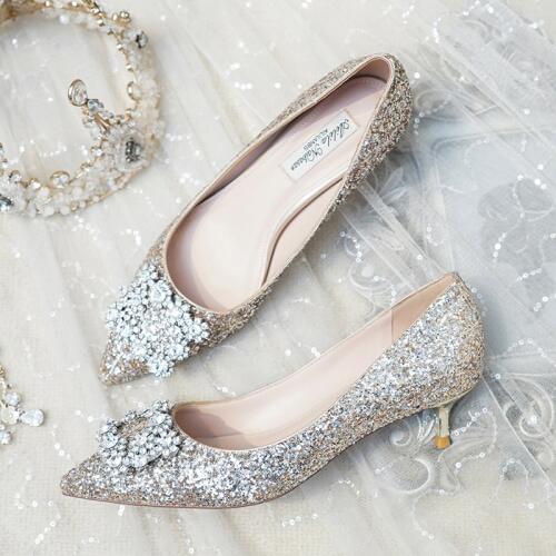 Wedding shoes womens low heels 2019 New Winter Wedding Bridal Shoes gold 3cm high heels shoes sequins wedding crystal shoes