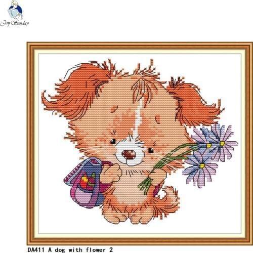 Needlework 14CT 11CT A dog with flower Counted Printed On Canvas Cross Stitch Schemes Home Decoration DIY Handmade Crafts