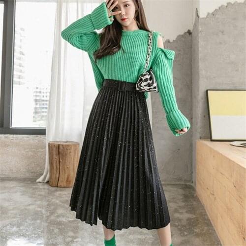 Women Fashion Shiny Skirt Retro High Waist Pleated Skirt Autumn Winter Skirts With Blet