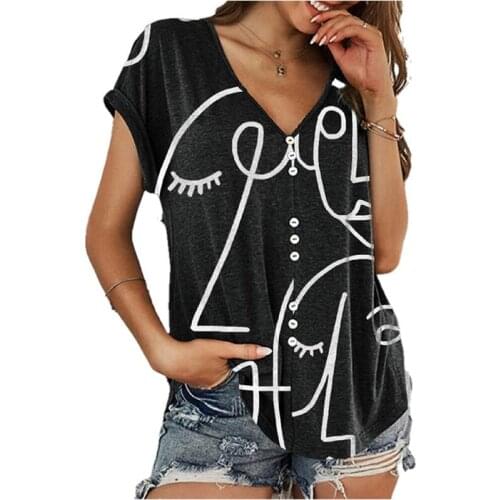 Women Loose V-Neck Short Sleeve T-shirt Summer Casual Sketch Print Tops Ladies Fashion Button Shirts Tops Plus Size Pullover