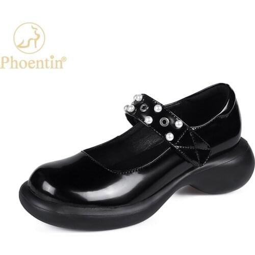 Phoentin Retro big round Toe mary janes Womans Genuine Leather mid Heel Pumps Autumn new lady casual buckle lolita Shoes FT1667