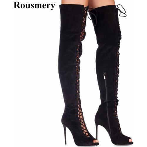 Spring Hot Sale Women Fashion Open Toe Black Suede Leather Over Knee Gladiator Boots Lace-up Cut-out High Heel Long Boots