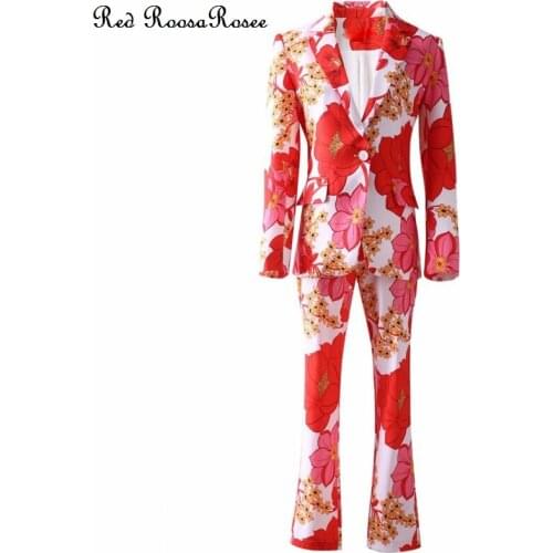 Red RoosaRosee Fashion Autumn Women Turn-down Collar Long Sleeve One Button Blazer + Ankle-length Pants New Twinset Suits Female
