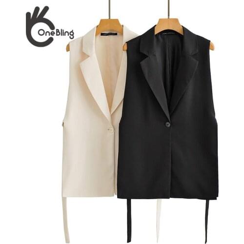 OneBling Women 2021 Za Chic Solid Side Slit One-Button Vest Vintage Suit Collar Sleeveless Outerwear Chic Veste Femme TOP