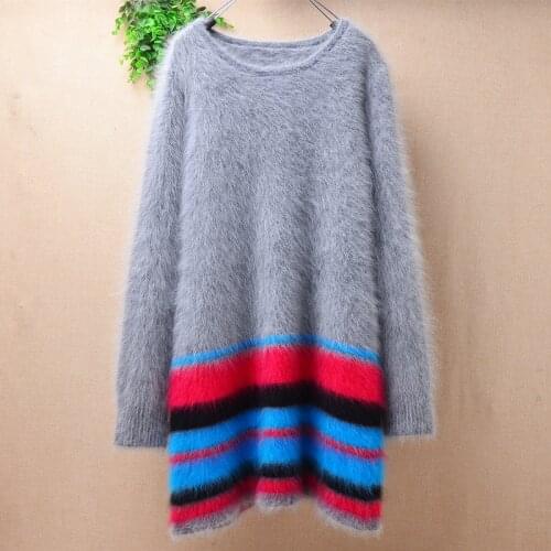 Female women hairy plush mink cashmere knitted long sleeves colored stripes loose pullover angora fur winter sweater dress pull