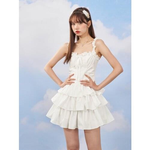 New Summer Vintage Girl White Dress Harajuku Punk Sweet Preppy Style Temperament Kawaii Fashion Sling Cake Princess Dress