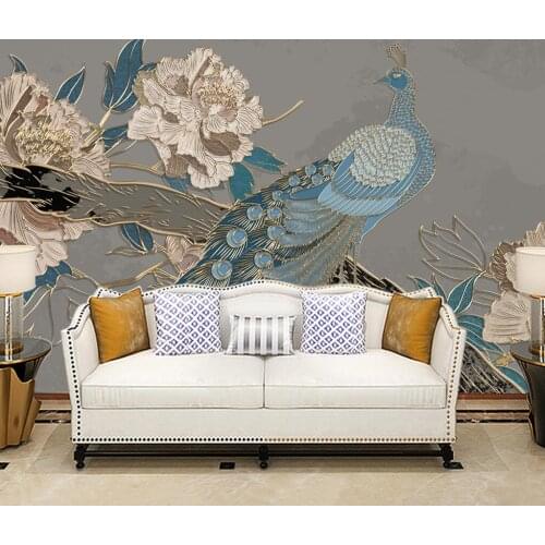 Custom wallpaper hand-painted peacock peony golden embossed line living room bedroom background wall decoration 3d wallpaper