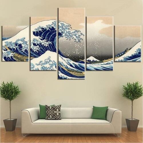 5 Piece The Great Wave Off Kanagawa Japanese Ukiyo-e Artwork Oil Painting on Canvas Wall Art For Home Interior decoration painti