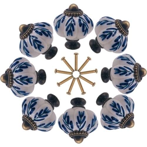 8x Ceramic Blue and White Kids Room Door Knobs and Handles Cabinet Wardrobe Kitchen Drawer Dresser Door Pulls Knobs