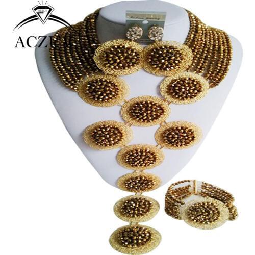 ACZUV Brand Golden Crystal African Nigerian Jewelry Set for Women Bridal Party Wedding Accessories A10R026