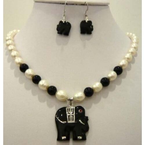 White pearl purple Natural Stone black stone elephant pendant necklace earring set