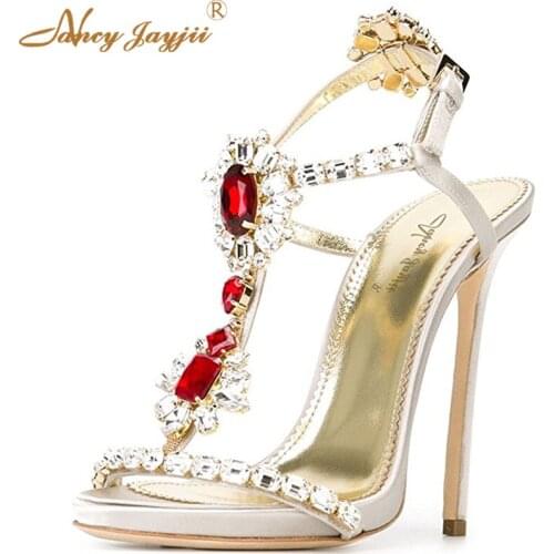 Rhinestone Sandals Luxury Wedding Bride Pearl Leather Pre-order Shoes T-straps High Heels Open Toe Women Dress 34 NancyJayjii