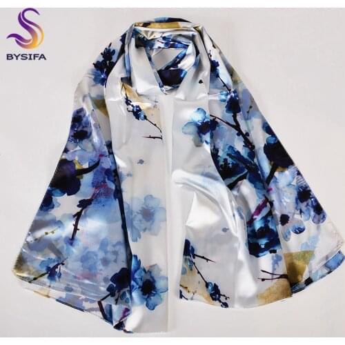 [BYSIFA] Chinese Blue White Female Silk Scarf Femmes Foulard 2020 New Brand Luxury Satin Long Scarves Shawls For Women 160*70cm