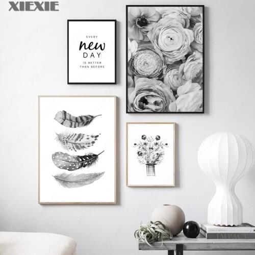 Black and White Posters Prints Rose Flower Canvas Painting Art Feather Quote Wall Art Minimalist Pictures Living Room Home Decor