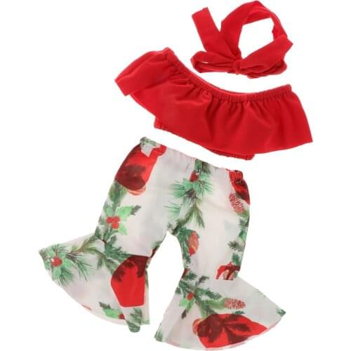 18inch Doll Retro Dancing Costume Red Tube Tops and Floral Pattern Flares Pants Headdress for American Doll Doll Party Clothing
