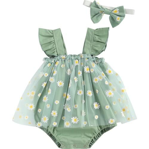 Toddler Baby Flower Printing Two-pieces Set Infant Girls Square Collar Sleeveless Bodysuit Skirt + Headband Set