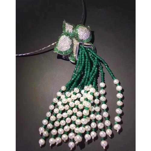 Green color natural fresh water pearl tassels pendant 925 sterling silver with cubic zircon flower fine women jewelry