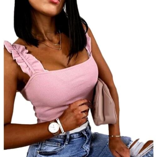 Summer Ruffle Strap Shirt Blouse Sexy Sleeveless Backless Ribbed Shirt Casual Women Square Collar Slim Knit Tops Blusas