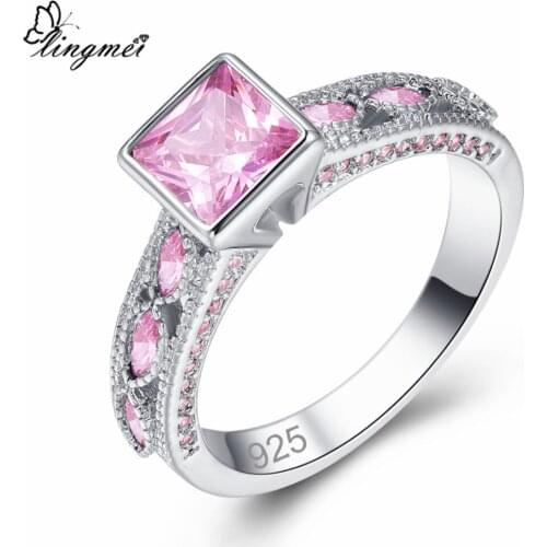 Lingmei New Arrival Square & Marquise Pink & Champagne CZ Silver ColorRing Size 67 8 9 Beautiful Popular Women Wedding Jewelry