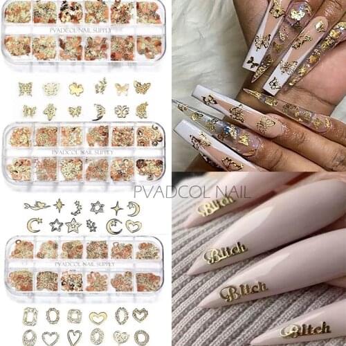 Nails Accessories 12 Grids Nail Art Gold Sequins Tips Metallic Glitter Mix Butterfly Heart Bowknot Star Moon Charms Flakes Set