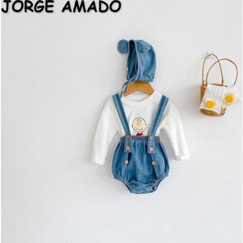 2021 New Autumn Baby Girls 3-pcs Sets Cartoon Long Sleeves T-shirts+Sling Denim Bodysuit+Cap Outwear Newborn Clothes E3001