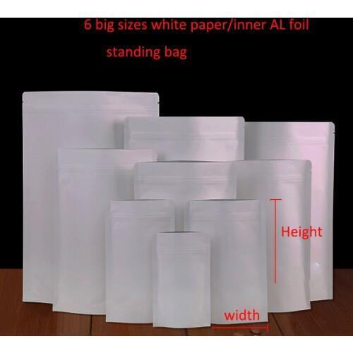 Easter 50/100pcs 13sizes White Color Paper Zipper Lock Bag Inside Silver Foil Inlay Food Grade Packaging Retail Stand Up Package