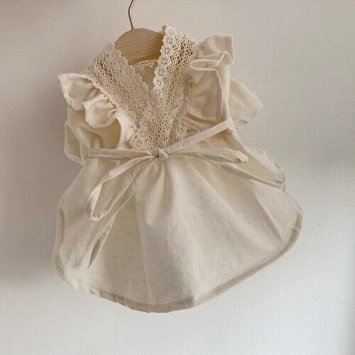 Off-white Pet Dog Dress V-neck Lace Dog Clothes Advanced Handmade Custom Cotton Dogs Skirt For Puppy Small Dogs Chihuahua Costum