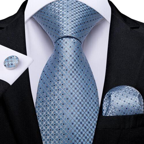 Gift Men Tie Light Blue Floral Silk Wedding Tie For Men DiBanGu Design Hanky Cufflink Quality Men Tie Set Fashion Dropshipping