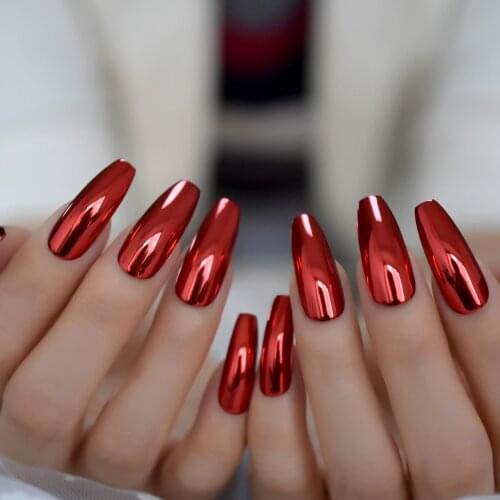 Reflective Mirror Punk Design Bright Red Metal Plating Coffin False Acrylic Nail Tips Metallic Ballerina Press on Fake Nails