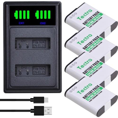 Tectra 2350mAh EN-EL23 Li-ion Batteries+LCD USB Dual Charger with Type C Port for Nikon COOLPIX P900,P610,P600,B700,S810c Camera