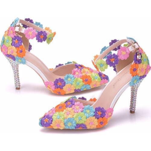 Spring autumn Women Shoes Lace High Heels Pumps Pointed Toe Thin Heels 9CM Woman Seven colors Wedding Office Lady Dress Shoes