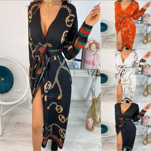 Autumn And Winter New Sexy Mid-Waist Mid-Length Skirt Baroque Print Long-Sleeved Dress With Tie Waist