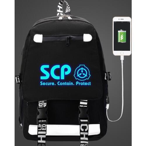 SCP Secure Contain Protect Backpack USB Bag travel School Luminous Book Bag USB teenagers Laptop Zipper bag Glow in the dark