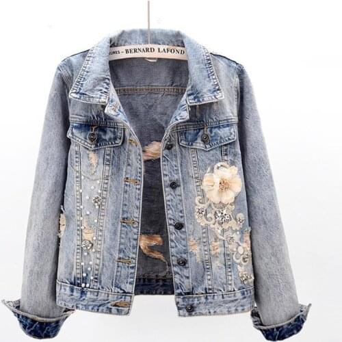 2021 New Autumn Women’s Denim Jacket Long Sleeve Overcoat Loose Three-dimensional Button Pearls Outwear Ripped Jeans Jackets