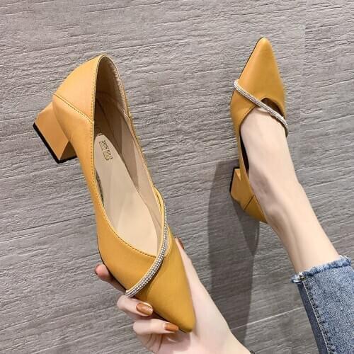 Soft leather high heels womens stiletto heel 2020 autumn new womens rhinestone pointed toe single shoes black womens shoes