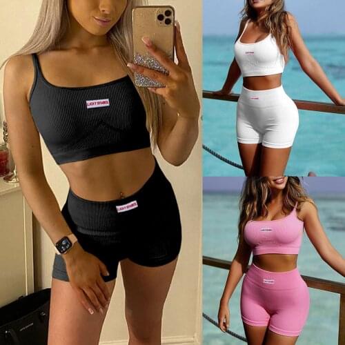 Women Casual Two-piece Clothes Set, U-shaped Collar Sleeveless Crop Tops and Shorts Women Fitness Running Sexy Gym Sportswear