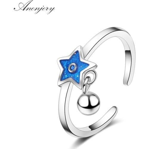 ANENJERY 925 Sterling Silver Simple Hot Sale Blue Star Bead Tassel Adjustable Ring For Women Girl Ring anillos mujer S-R344