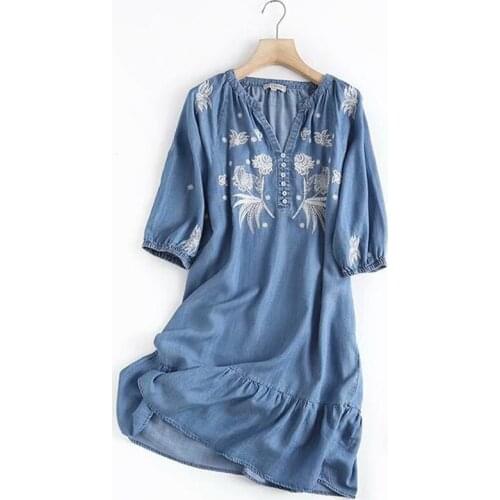 Boho Chic Dress Summer Floral Embroidery Denim Dress Women Puff Sleeve Casual Cotton Jeans Dresses Bohemian Clothing