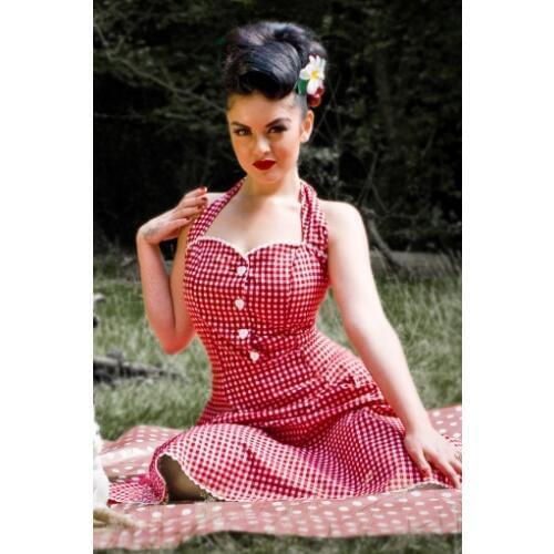 30- summer women vintage 50s gingham lace trim swing gretel halter dress in red rockabilly pinup plus size dresses vestidos