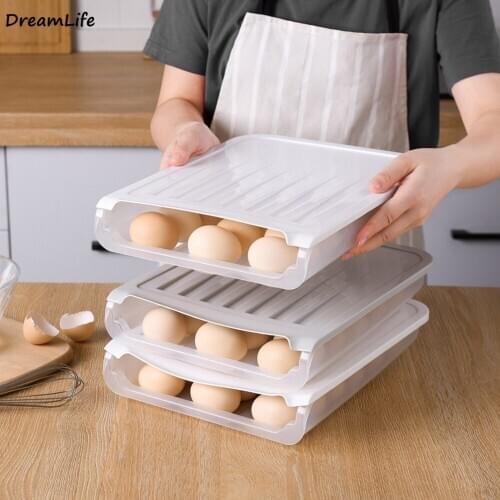 2Pcs Fridge Food Fresh Spacer Keeping Case Organizer Egg Anti Roll Plastic Trays Storage Container with Lid Sealed Stacking Box