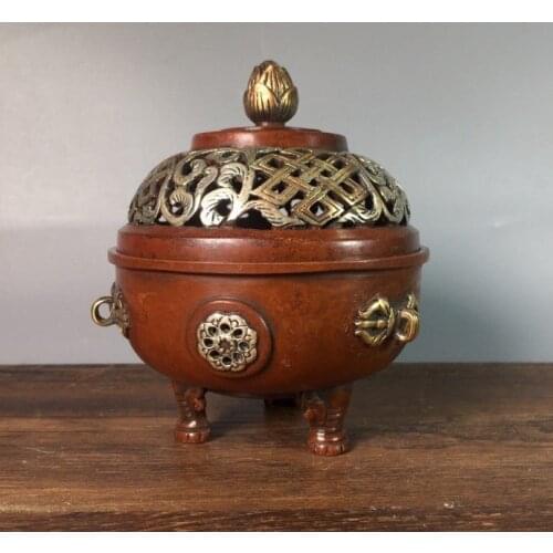 4"Tibet Buddhism Temple Old Bronze Gilt Real gold silver Three foot incense burner Buddhist symbol aromatherapy Enshrine use