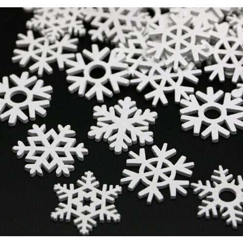 50pcs/pack) 35mm White Mix Shape Wooden Snowflakes Christmas Ornaments Christmas Tree Pendants New Year Decorations For Home