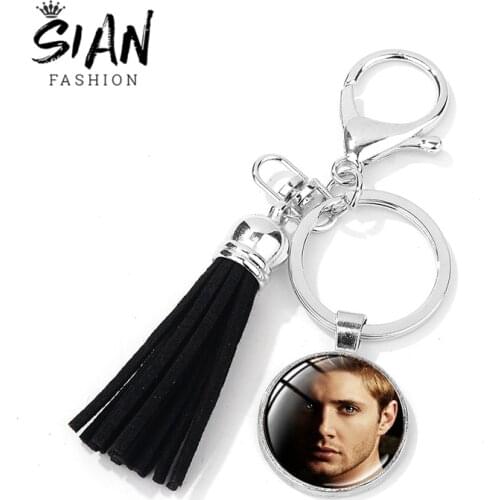 SIAN New Arrival Supernatural Dean Keychain Supernatural Sam Figure Pattern Glass Crystal Pendant Black Tassel Key Ring Llaveros