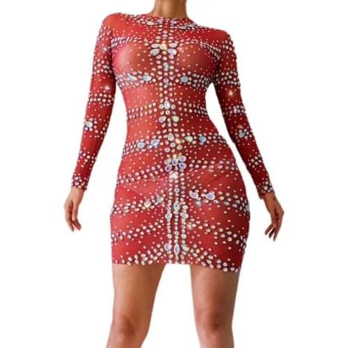 Sparkly Big Crystals Red Mesh Perspective Dress Women Evening Party Dresses Birthday Celebrate Costume Singer Performance Outfit