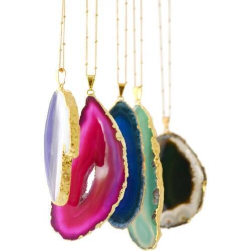 Large Slice stone Necklace, Layering Tribal Boho a gate Necklace, colorful gold trim natural colorful stone necklace