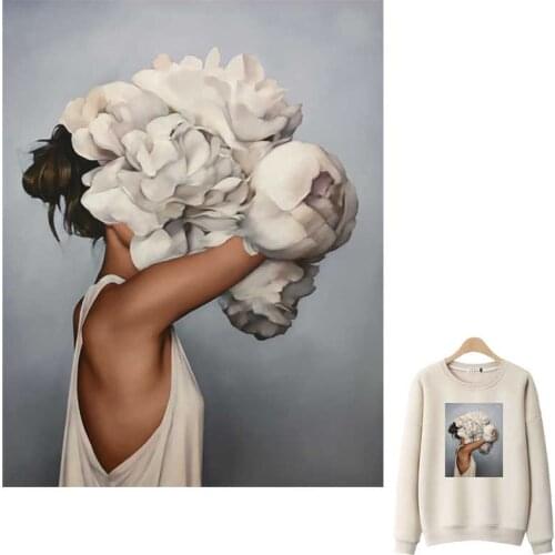 Flower And Maiden Patches On Clothes Washable T-Shirt Thermo Adhesive Stickers Retro Oil Painting Iron-On Transfer For Clothing